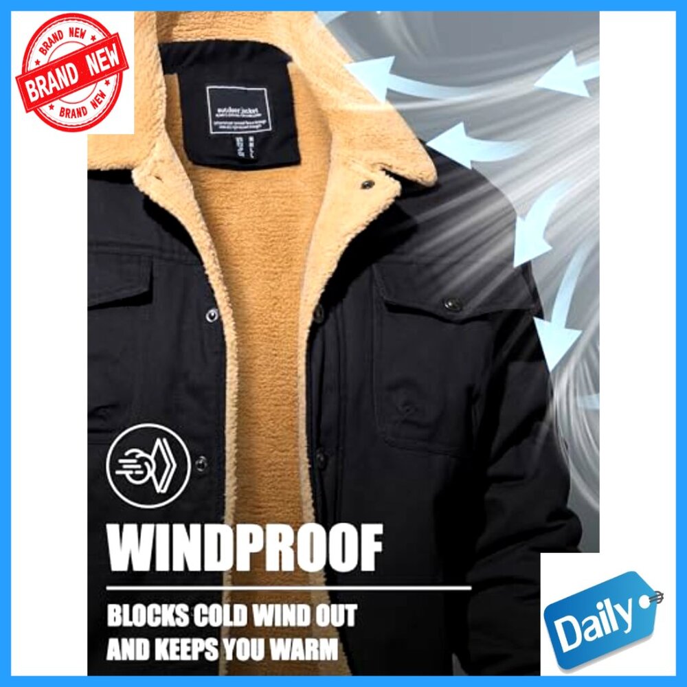 Cotton Cargo Jacket Sherpa Fleece Lined Work Coat with 5 Pockets Classic - Picture 4 of 7